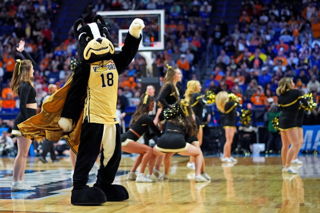 Mar 20, 2025; Lexington, KY, USA; The Wofford Terriers mascot on the court during the first half of the game between the Tennessee Volunteers and the Wofford Terriers in the first round of the NCAA Tournament at Rupp Arena.