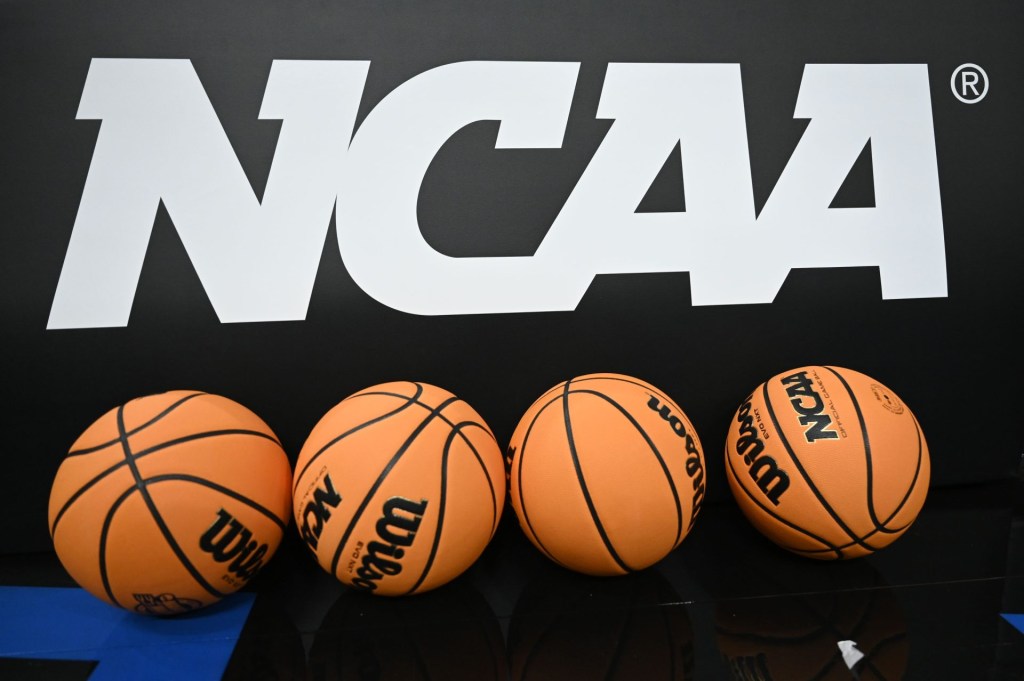 Mar 26, 2025; San Francisco, CA, USA; Detail view of the logo and basketballs during NCAA Tournament West Regional Practice at Chase Center.