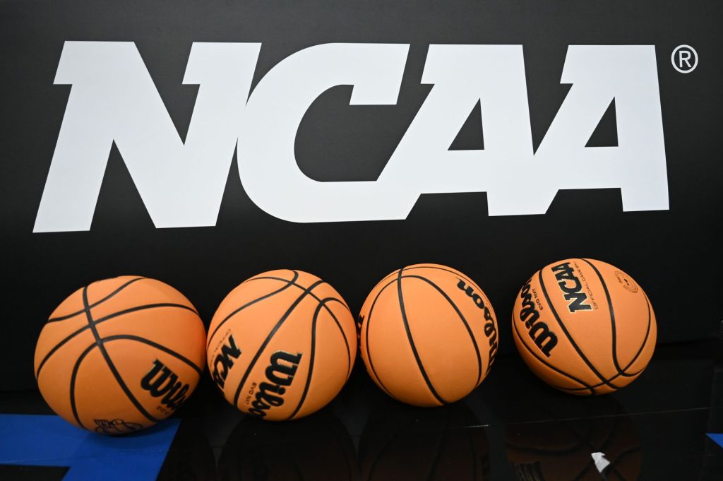 Mar 26, 2025; San Francisco, CA, USA; Detail view of the logo and basketballs during NCAA Tournament West Regional Practice at Chase Center.