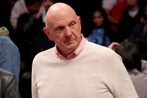 Mar 28, 2025; Brooklyn, New York, USA; Los Angeles Clippers owner Steve Ballmer leaves his court side seat after a game against the Brooklyn Nets at Barclays Center.