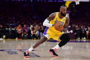 Apr 30, 2025; Los Angeles, California, USA; Los Angeles Lakers forward LeBron James (23) controls the ball against the Minnesota Timberwolves during the first half in game five of first round for the 2025 NBA Playoffs at Crypto.com Arena.