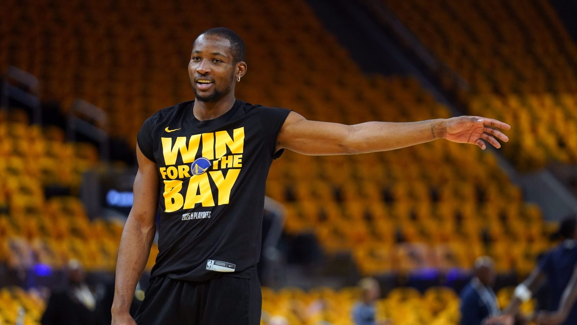 May 12, 2025; San Francisco, California, USA; Golden State Warriors forward Jonathan Kuminga (00) stands on the court during warmups against the Minnesota Timberwolves during game four of the second round for the 2025 NBA Playoffs at Chase Center.