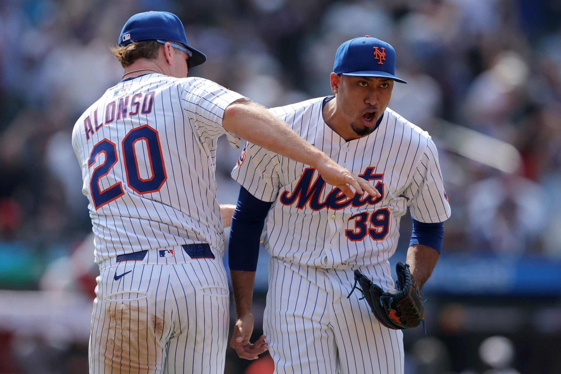 Jun 12, 2025; New York City, New York, USA; New York Mets first baseman Pete Alonso (20) and relief pitcher Edwin Diaz (39) celebrate after defeating the Washington Nationals at Citi Field.
