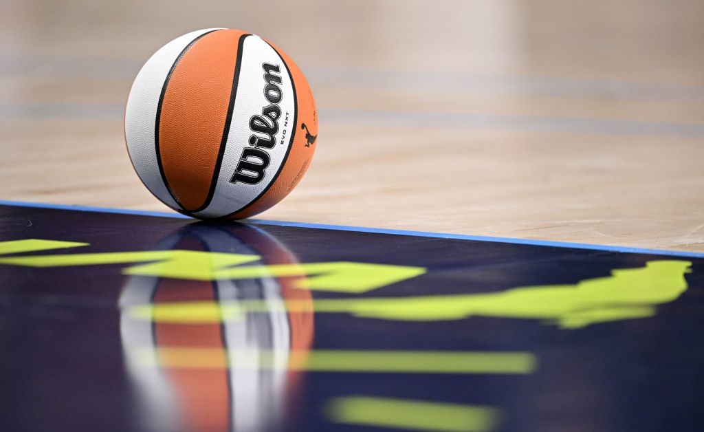 Jun 27, 2025; Dallas, Texas, USA; A view of a Wilson basketball and the Dallas Wings logo during the game between the Wings and the Indiana Fever at the American Airlines Center.