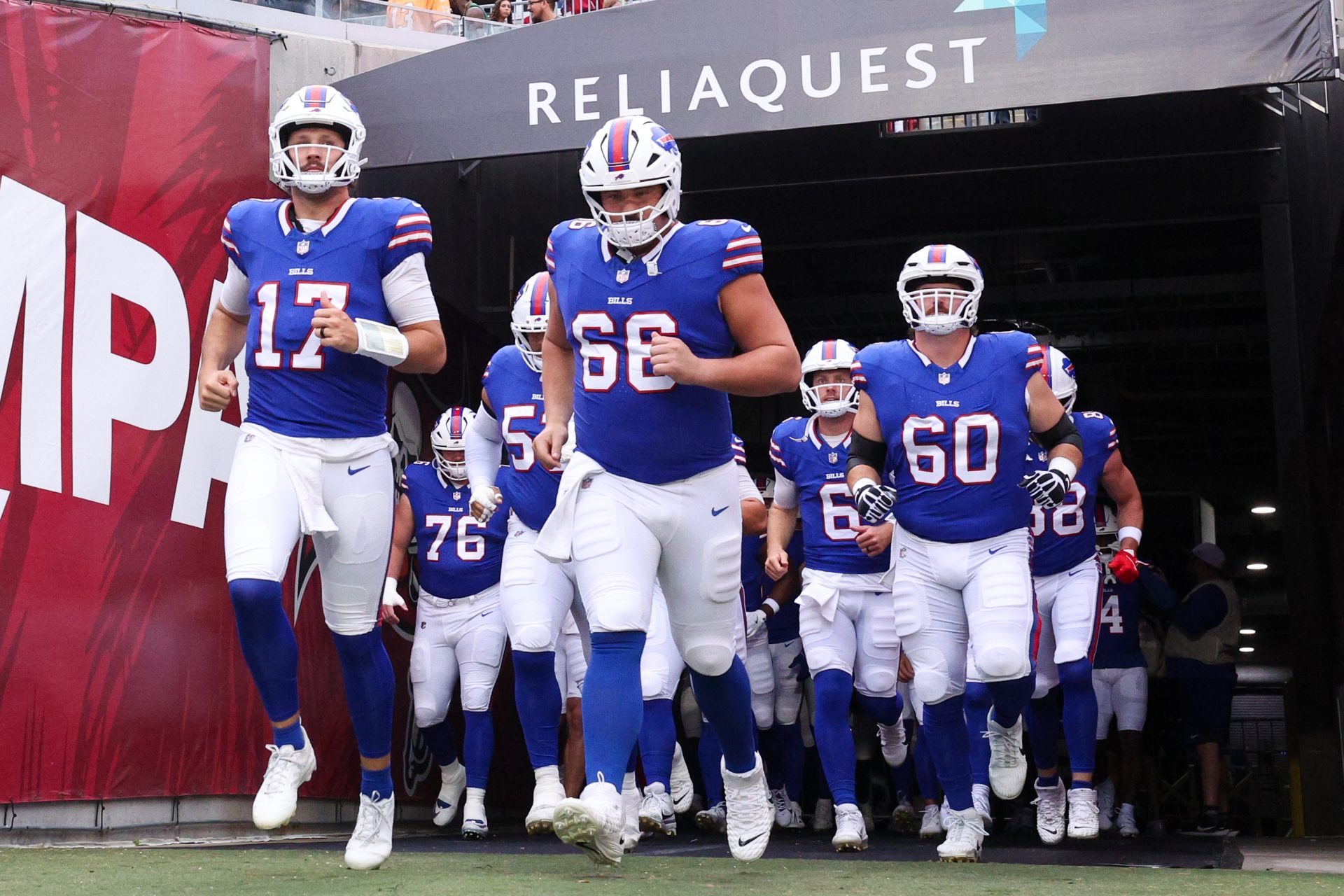 Aug 23, 2025; Tampa, Florida, USA; Buffalo Bills quarterback Josh Allen (17) leads the team onto the field for warm ups before a game against the Tampa Bay Buccaneers at Raymond James Stadium.