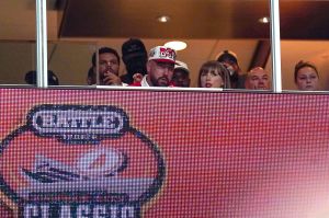 Kansas City Chiefs tight end Travis Kelce, left, and singer-songwriter Taylor Swift appear at the Kansas City Classic season opening game between the Cincinnati Bearcats and Nebraska Cornhuskers, Aug. 28, 2025, at Arrowhead Stadium in Kansas City, Mo. This is the first time the couple have appeared in the public since their engagement.