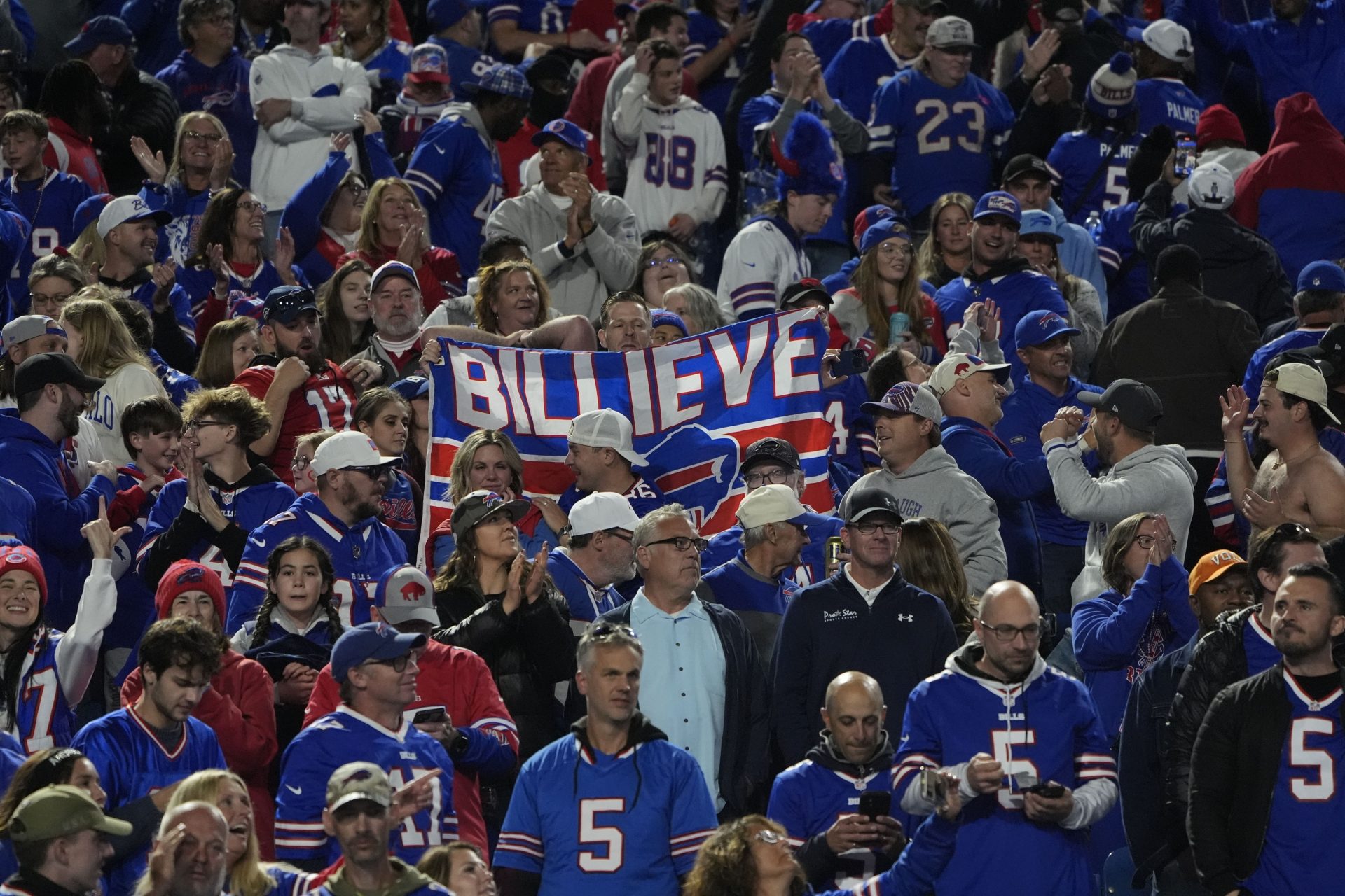 Sep 7, 2025; Orchard Park, New York, USA; Buffalo Bills fans react during the fourth quarter against the Baltimore Ravens at Highmark Stadium.