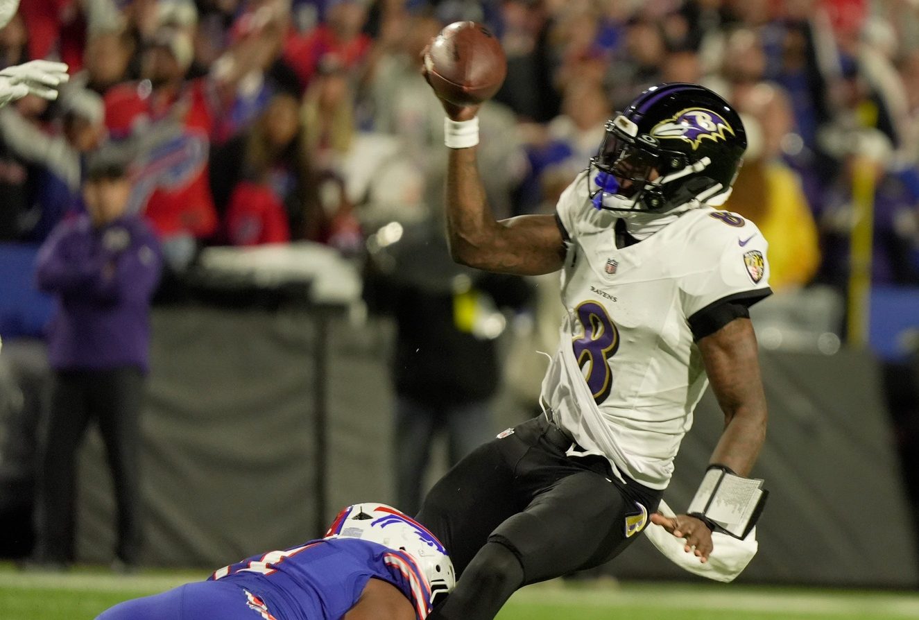 Buffalo Bills defensive tackle Ed Oliver sacks Baltimore Ravens quarterback Lamar Jackson before he can get the pass off during first half action against the Baltimore Ravens at Highmark Stadium in Orchard Park on Sept. 7, 2025.