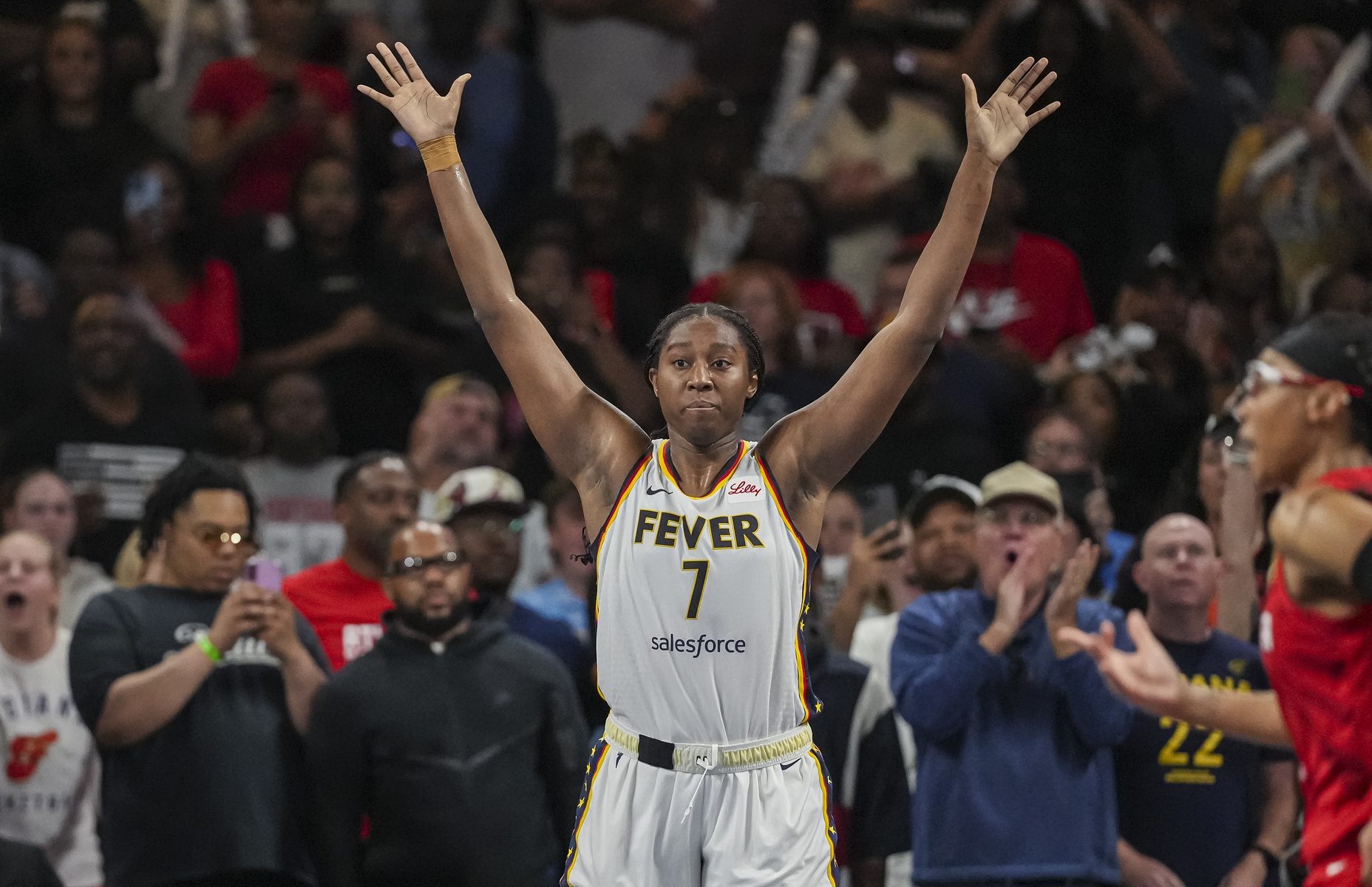 Sep 18, 2025; College Park, Georgia, USA; Indiana Fever forward Aliyah Boston (7) reacts as the Fever defeat the Atlanta Dream during game three of round one for the 2025 WNBA Playoffs at Gateway Center Arena at College Park.