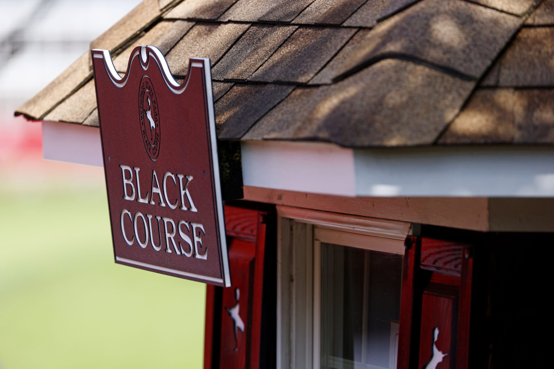 Sep 23, 2025; Bethpage, New York, USA; A view of the Black Course sign during a practice round of the Ryder Cup golf tournament at Bethpage Black.