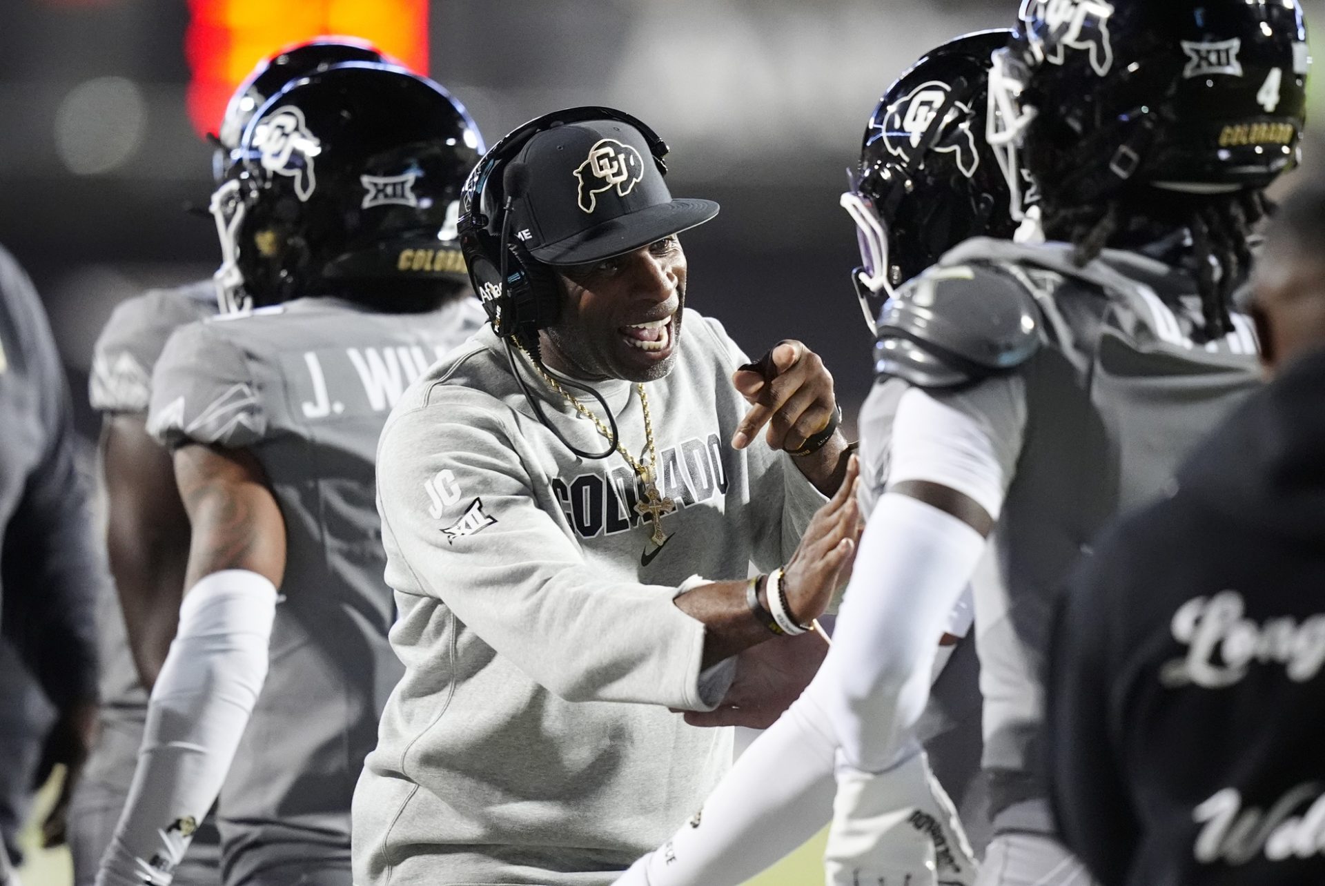 Sep 27, 2025; Boulder, Colorado, USA; Colorado Buffaloes head coach Deion Sanders reacts to a touchdown scored in the first quarter against the Colorado Buffaloes at Folsom Field.