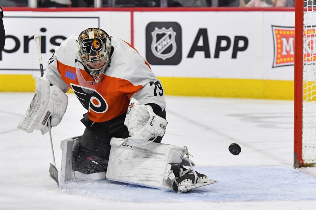 Jan 8, 2024; Philadelphia, Pennsylvania, USA; Philadelphia Flyers goaltender Carter Hart (79) makes a save against the Pittsburgh Penguins during the second period at Wells Fargo Center