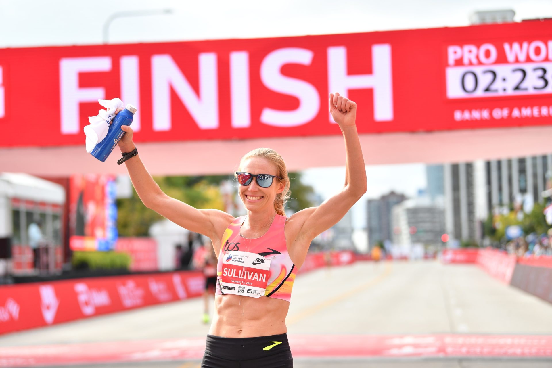Oct 13, 2024; Chicago, IL, USA; Susanna Sullivan of the United States of America finishes seventh in the Chicago Marathon at Grant Park