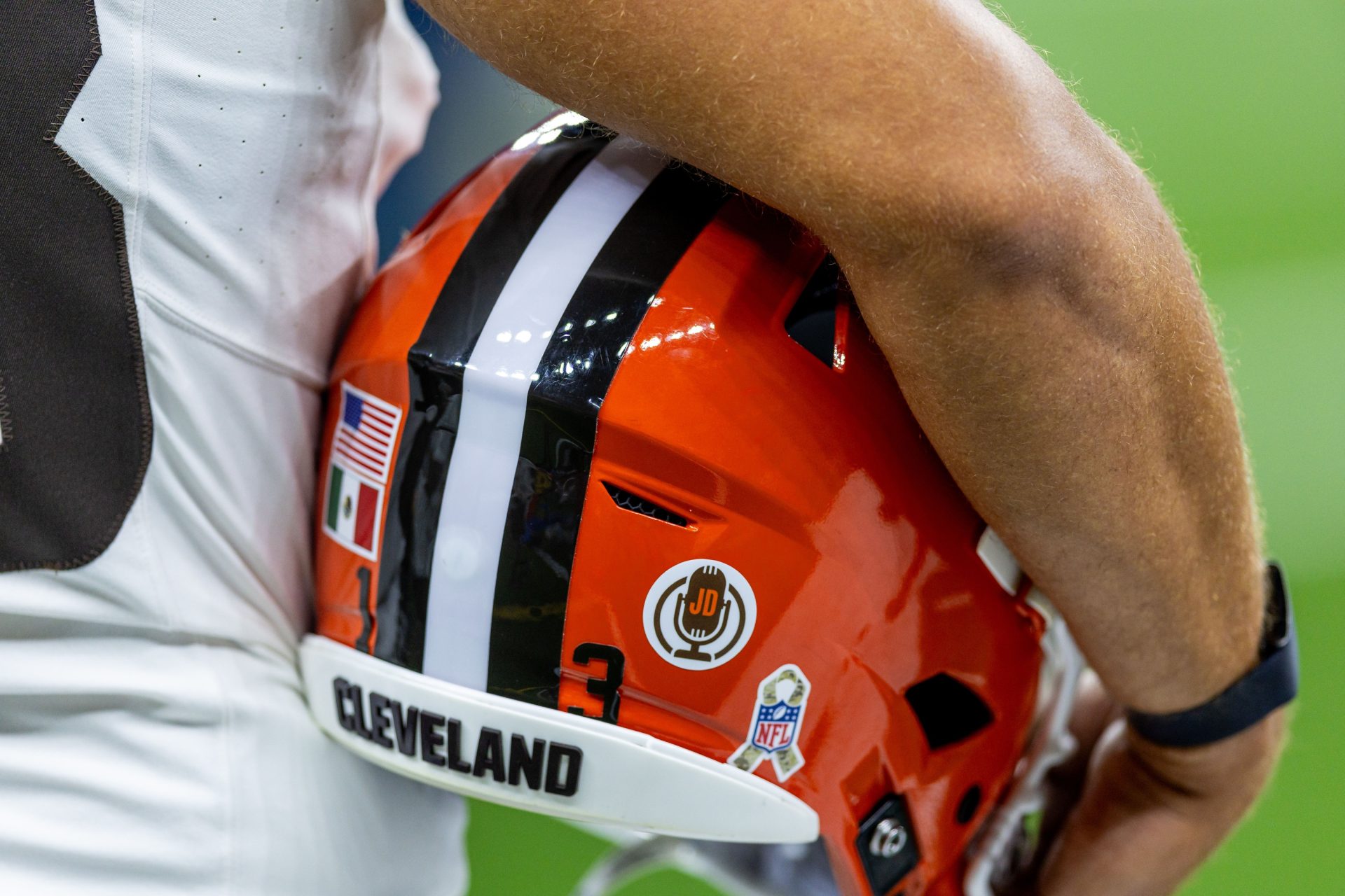 Nov 17, 2024; New Orleans, Louisiana, USA; Detailed view of a Cleveland Browns helmet on a time out against the New Orleans Saints during the first half at Caesars Superdome.