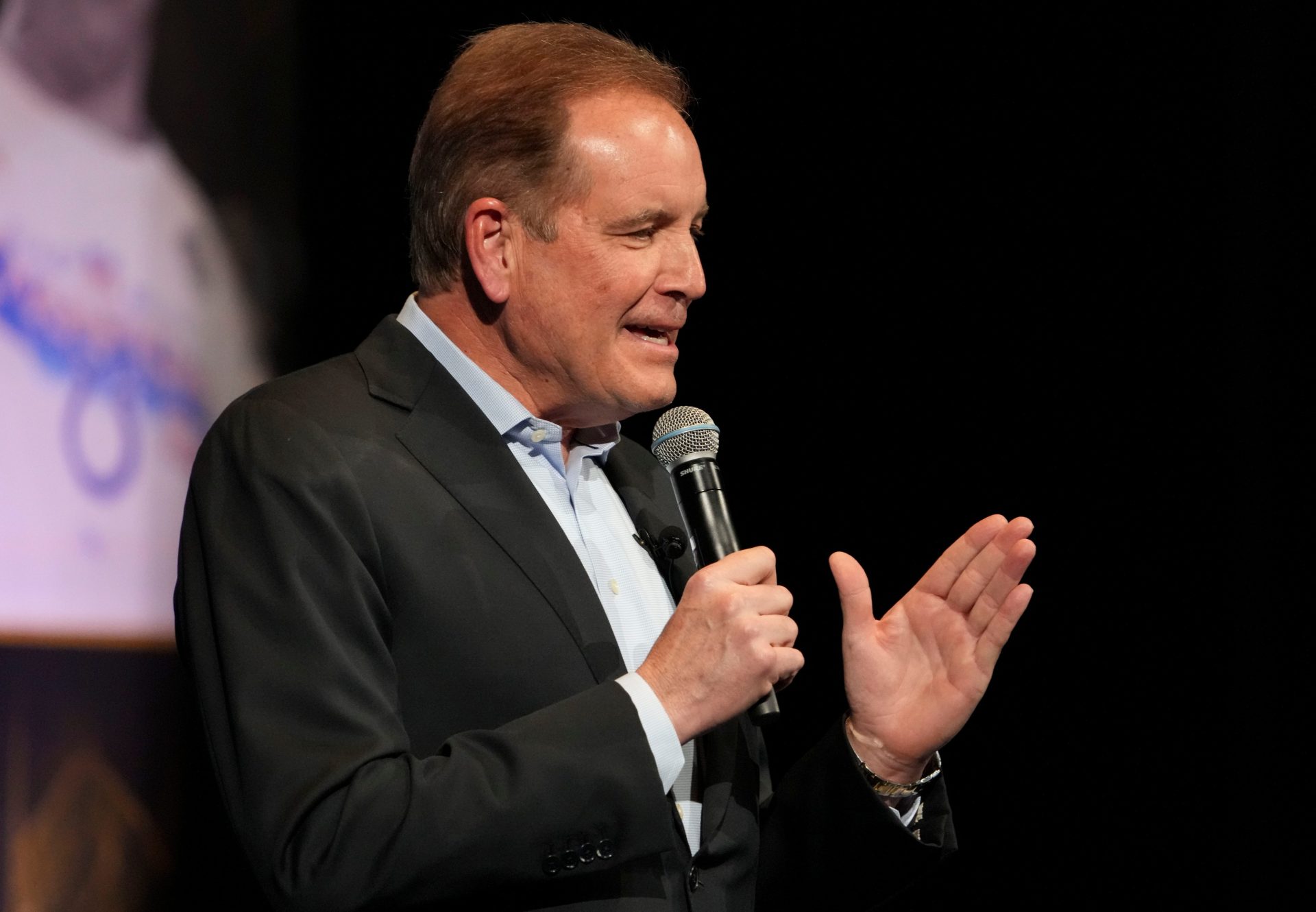 Broadcaster Jim Nantz introduces players Monday, Feb. 24, 2025, during the “Night of Champions” at the Murat Theatre at the Old National Centre. The event featured a panel discussion of players and coaches from the Indianapolis Colts team that won Super Bowl XLI.