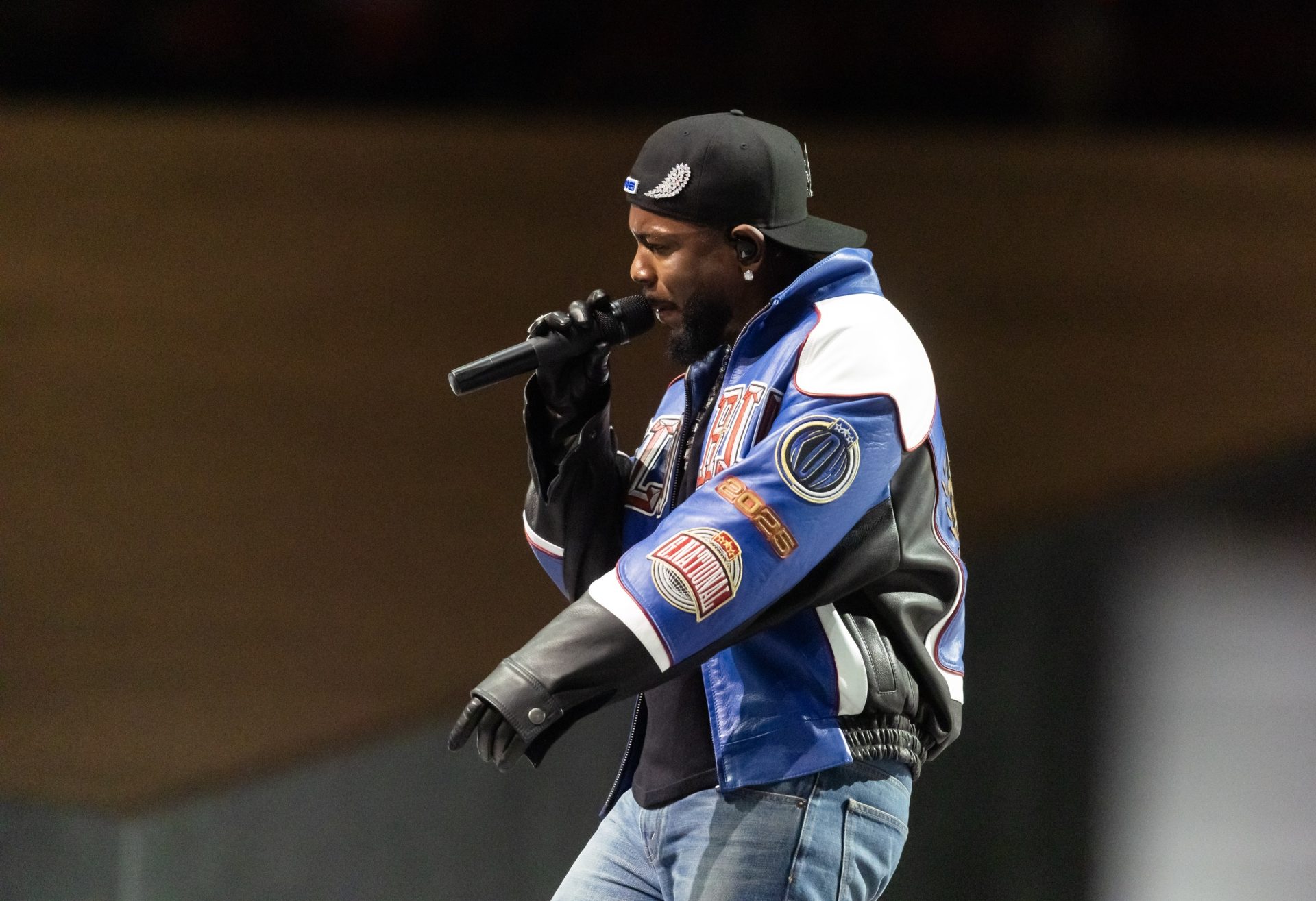 Feb 9, 2025; New Orleans, LA, USA; Recording artist Kendrick Lamar performs during the halftime show of Super Bowl LIX between the Philadelphia Eagles and the Kansas City Chiefs at Ceasars Superdome.