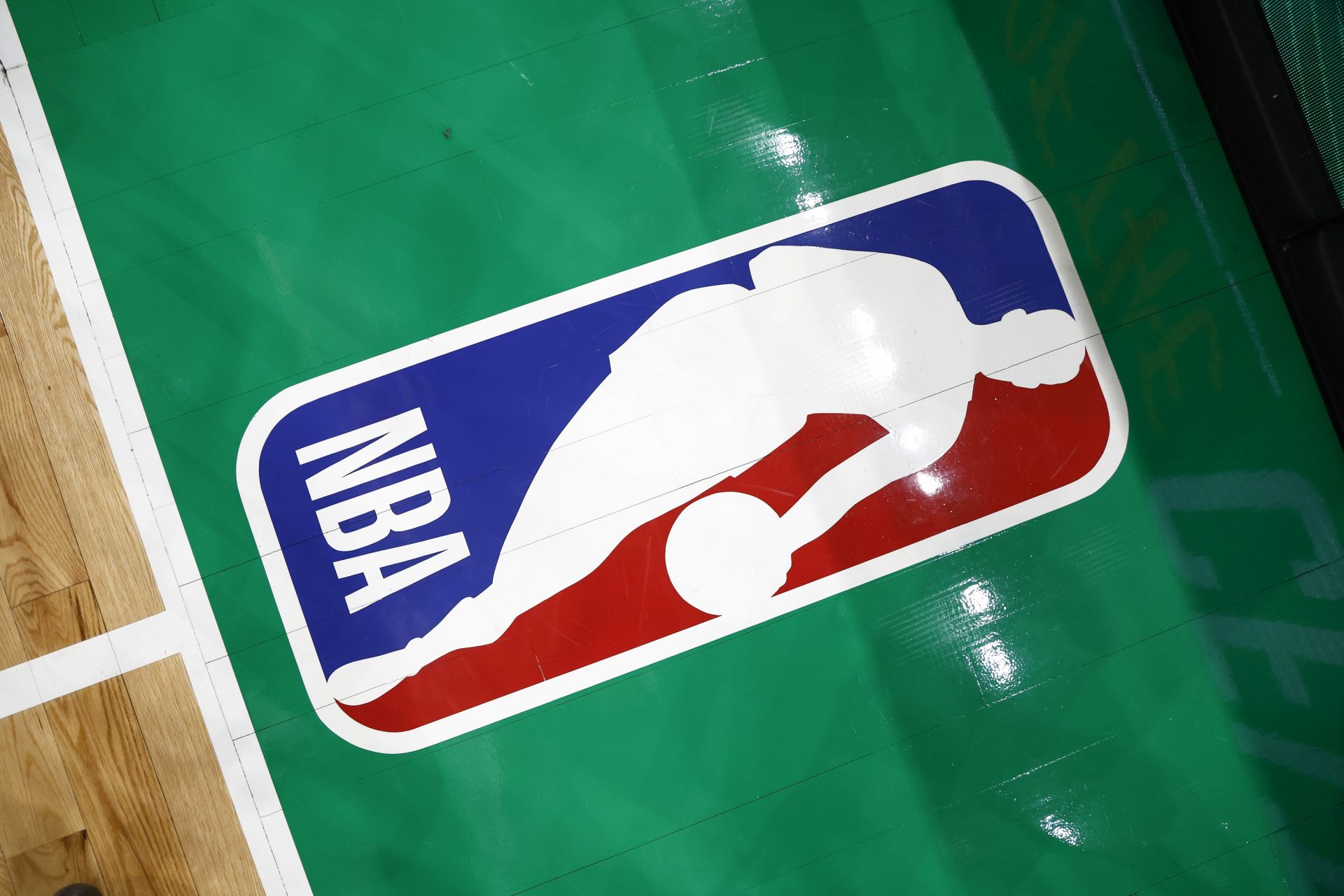 Mar 5, 2025; Boston, Massachusetts, USA; The NBA logo is seen on the court before thegame between the Boston Celtics and the Portland Trail Blazers at TD Garden.