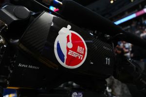 Mar 12, 2025; Denver, Colorado, USA; General view of ESPN broadcast camera during a game between the Minnesota Timberwolves and Denver Nuggets at Ball Arena.
