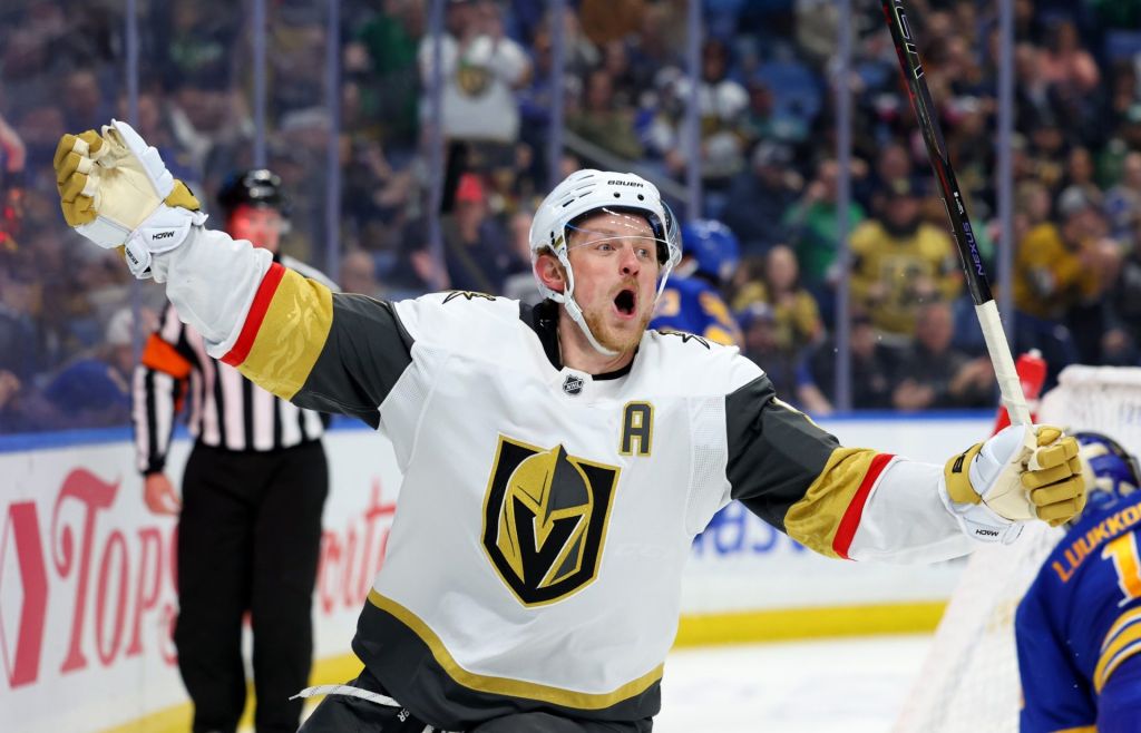 Mar 15, 2025; Buffalo, New York, USA; Vegas Golden Knights center Jack Eichel (9) reacts after scoring a goal during the third period against the Buffalo Sabres at KeyBank Center.