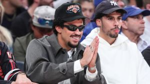 May 10, 2025; New York, New York, USA; Singer Bad Bunny watches game three of the second round for the 2025 NBA Playoffs between the Boston Celtics and the against the New York Knicks at Madison Square Garden.