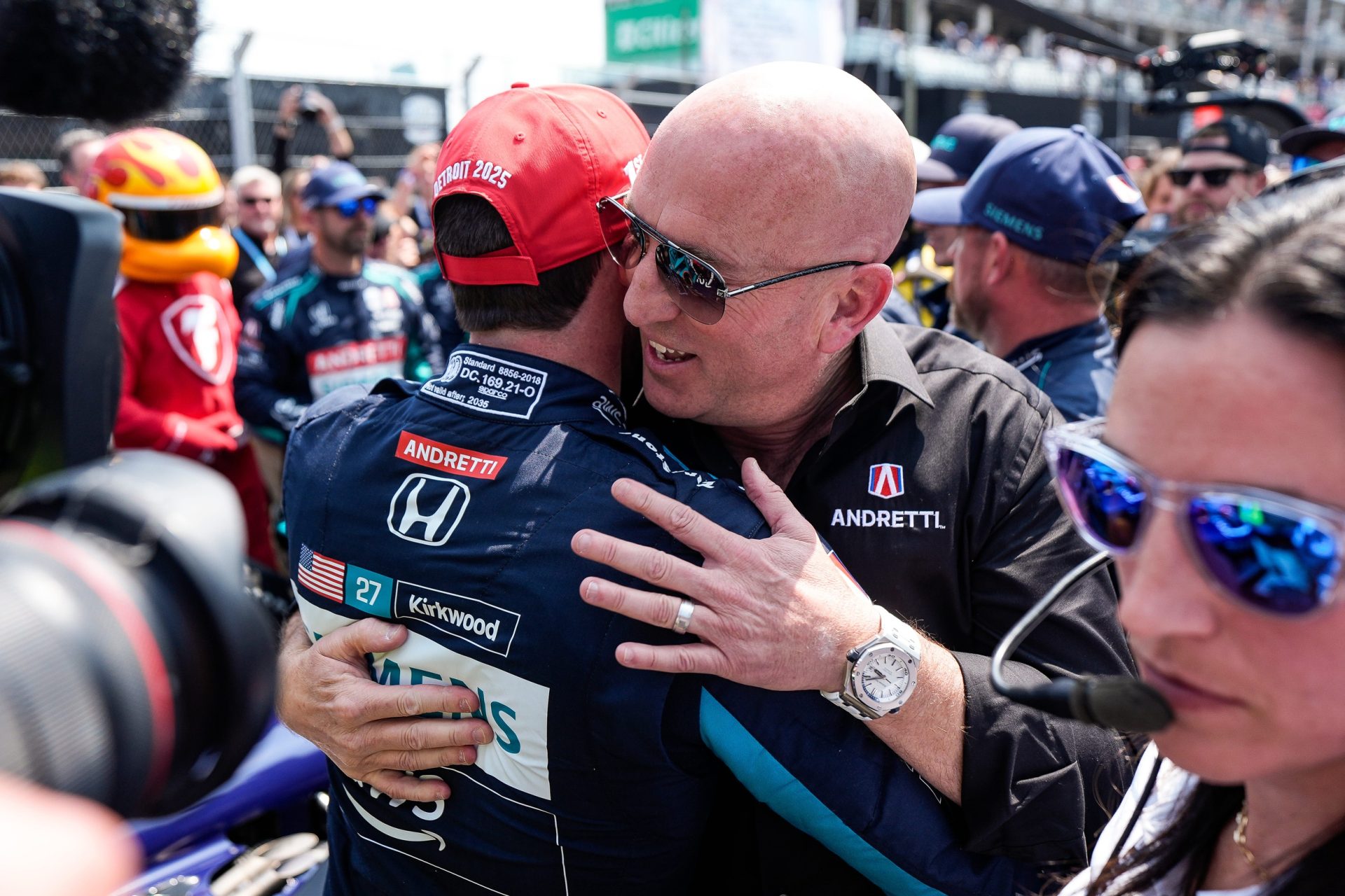 IndyCar driver Andretti Global's Kyle Kirkwood, left, celebrates winning the Detroit Grand Prix with team co-owner Dan Towriss in Detroit on Sunday, June 1, 2025.