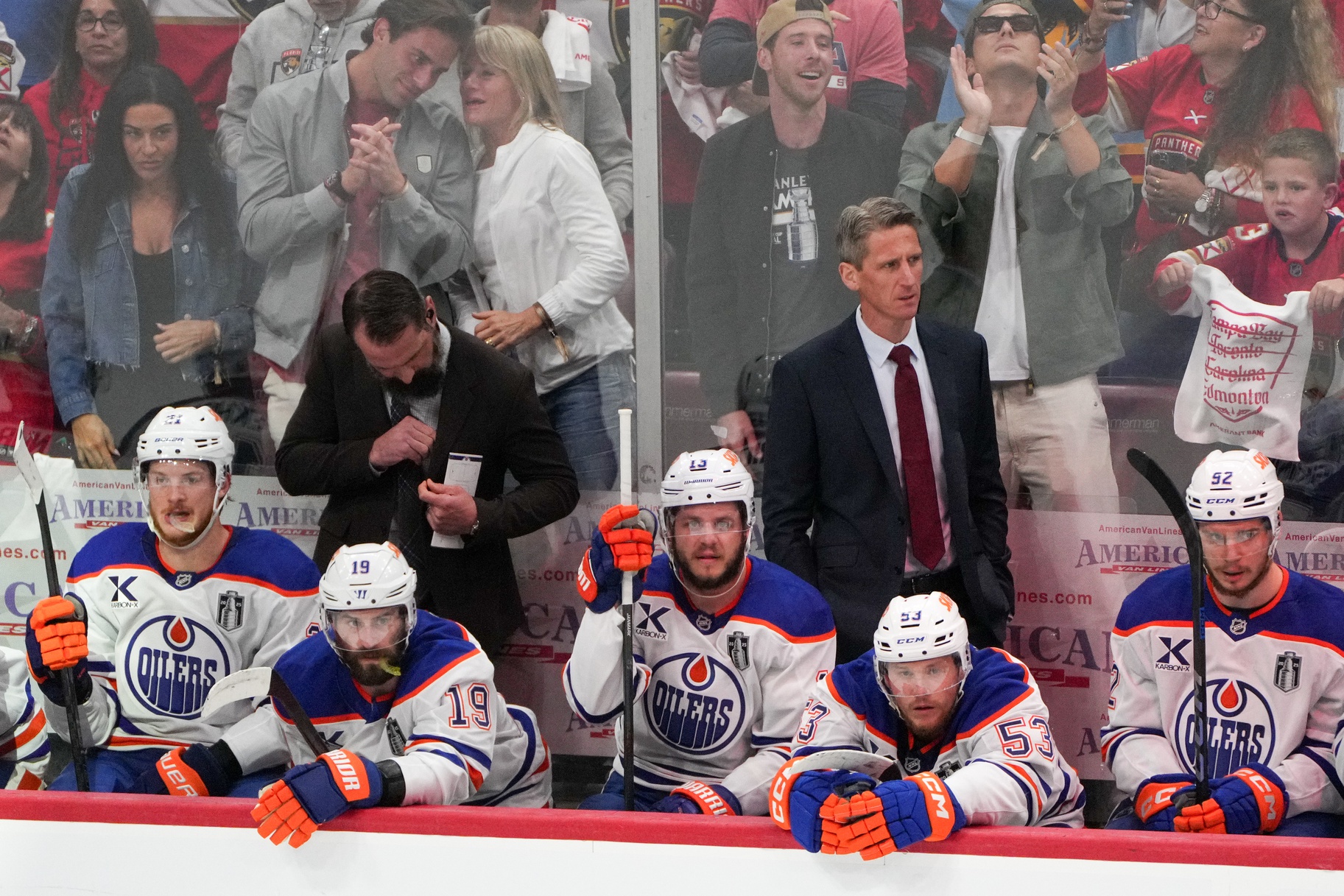 Jun 17, 2025; Sunrise, Florida, USA; Edmonton Oilers head coach Kris Knoblauch and his players look on from the bench during the first period in game six of the 2025 Stanley Cup Final against the Florida Panthers at Amerant Bank Arena.