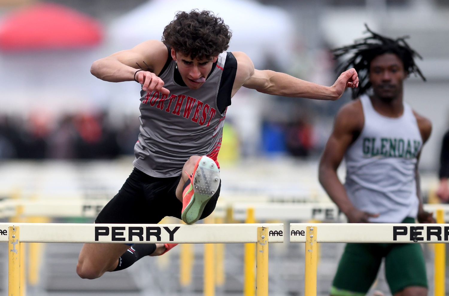 Northwest junior Logan Allman wins the boys 110-meter hurdles final at the 2025 Stark County Track and Field Championships at Perry High School, Saturday, April 26, 2025