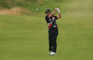 Jul 17, 2025; Portrush, IRL; Jason Day hits a shot on the 18th hole during the first round of The 153rd Open Championship golf tournament at Royal Portrush.