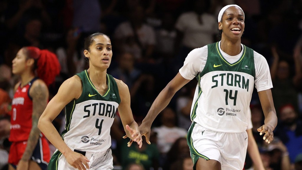 Aug 24, 2025; Washington, District of Columbia, USA; Seattle Storm center Dominique Malonga (14) celebrates with Seattle Storm guard Skylar Diggins (4) during the second half against the Washington Mystics at CareFirst Arena.