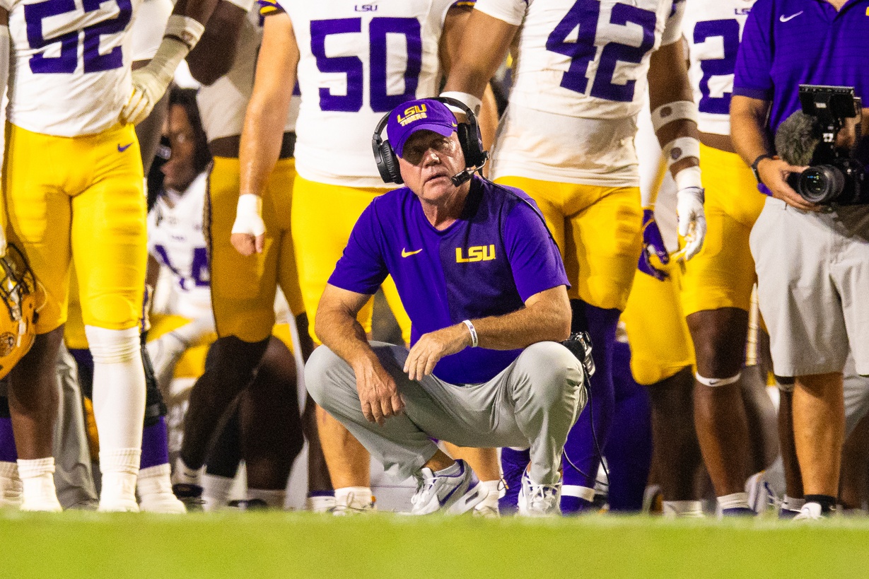Sep 6, 2025; Baton Rouge, Louisiana, USA; LSU Tigers head coach Brian Kelly looks on against Louisiana Tech Bulldogs during the second half at Tiger Stadium.