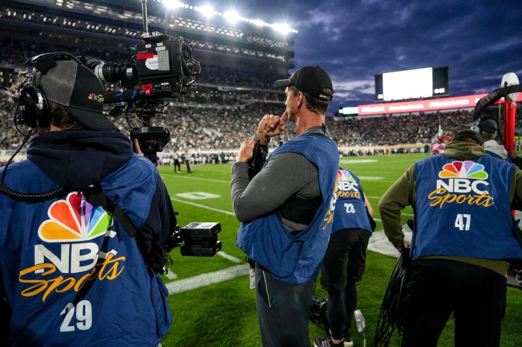 The NBC Sports broadcast team works Michigan State's football game against Boston College on Saturday, Sept. 6, 2025, at Spartan Stadium in East Lansing.