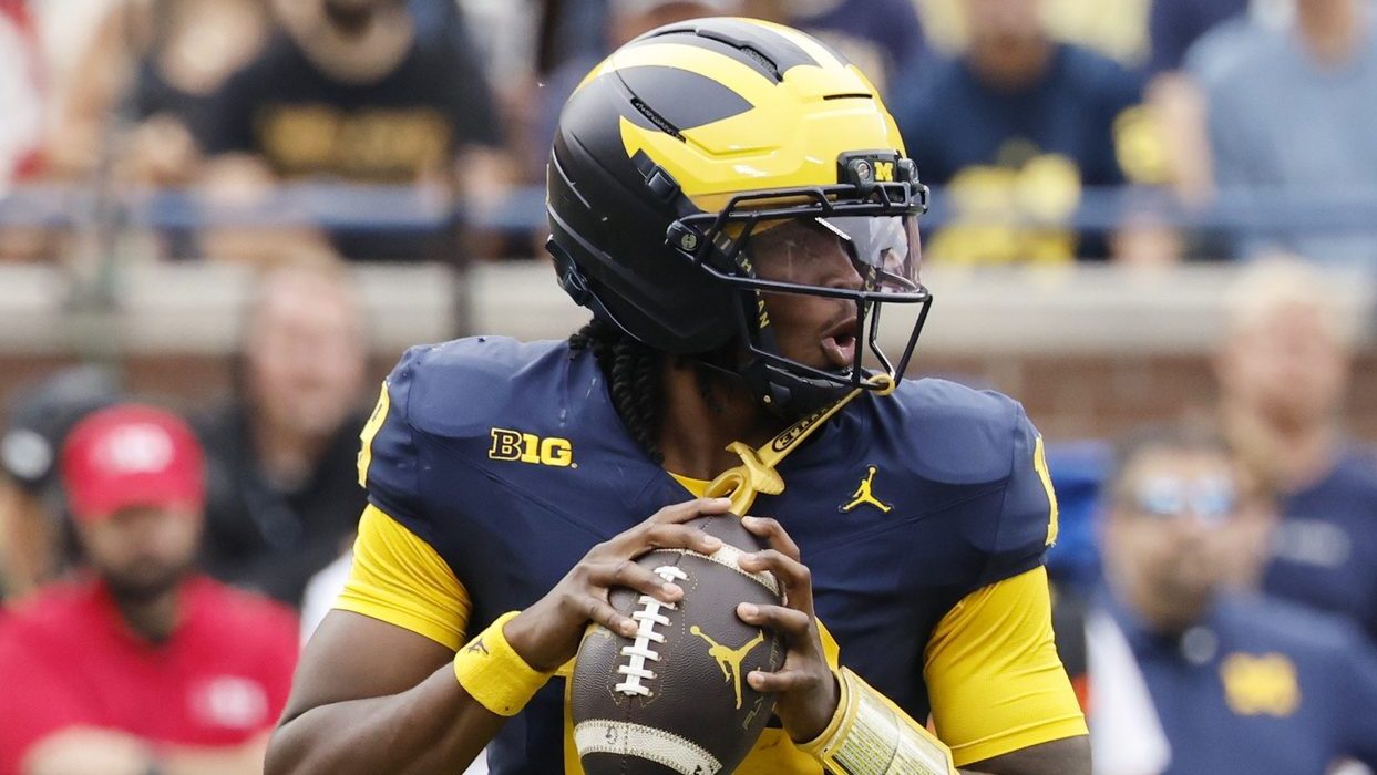 Sep 13, 2025; Ann Arbor, Michigan, USA; Michigan Wolverines quarterback Bryce Underwood (19) passes in the first half against the Central Michigan Chippewas at Michigan Stadium.