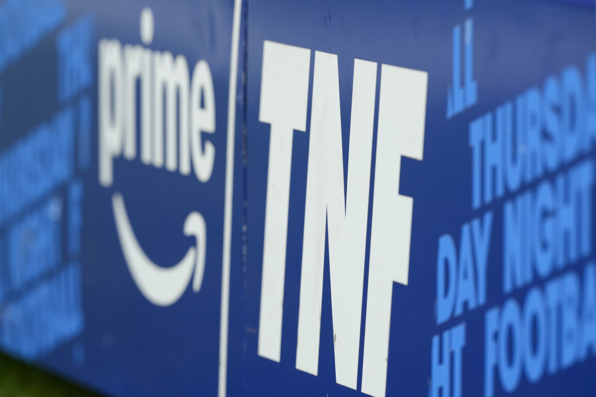 Sep 11, 2025; Green Bay, Wisconsin, USA; General view of Amazon Prime Thursday Night Football signage prior to the game between the Washington Commanders and Green Bay Packers at Lambeau Field.