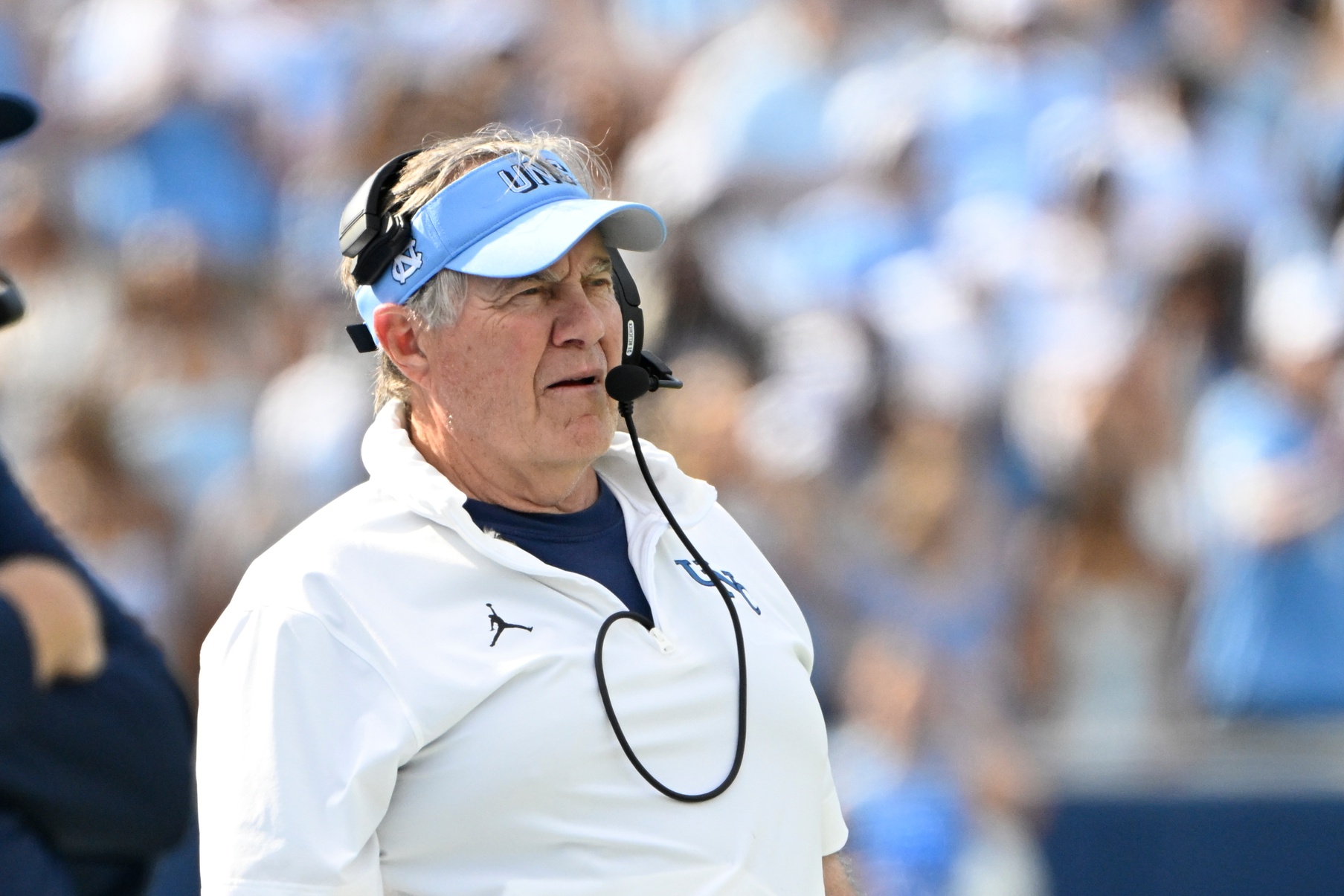 Sep 13, 2025; Chapel Hill, North Carolina, USA; North Carolina Tar Heels head coach Bill Belichick on the sidelines in the second quarter at Kenan Stadium.