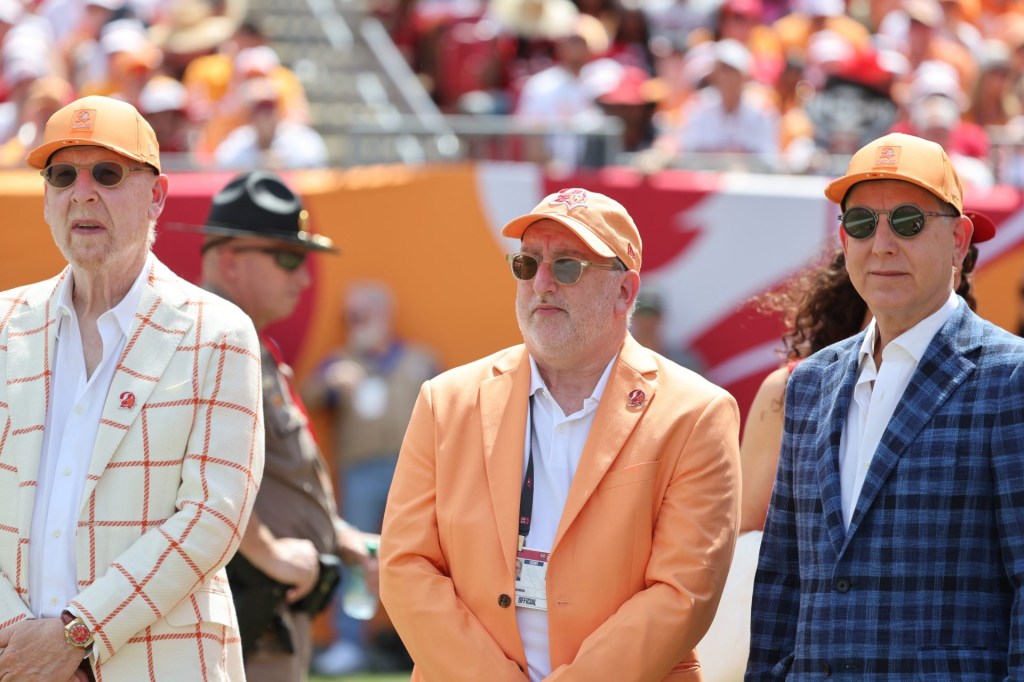 Sep 21, 2025; Tampa, Florida, USA; (left to right) Tampa Bay Buccaneers owner Avram Glazer, owner Edward Glazer and owner Joel Glazer during the second quarter against the New York Jets at Raymond James Stadium.
