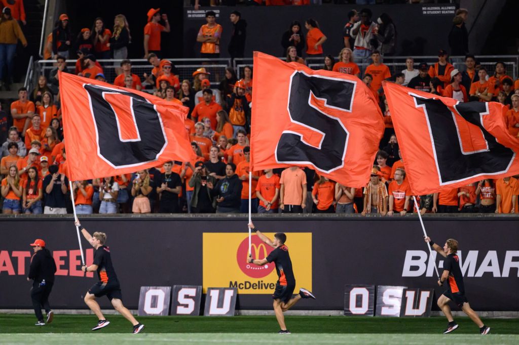 Sep 26, 2025; Corvallis, Oregon, USA; Oregon State Beavers flags fly after they score in the third quarter against the Houston Cougars at Reser Stadium.