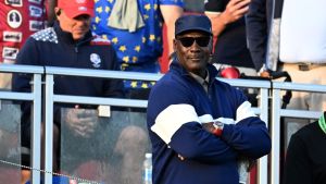 Sep 27, 2025; Bethpage, New York, USA; Michael Jordan watches the first hole on the penultimate day of competition for the Ryder Cup at Bethpage Black.