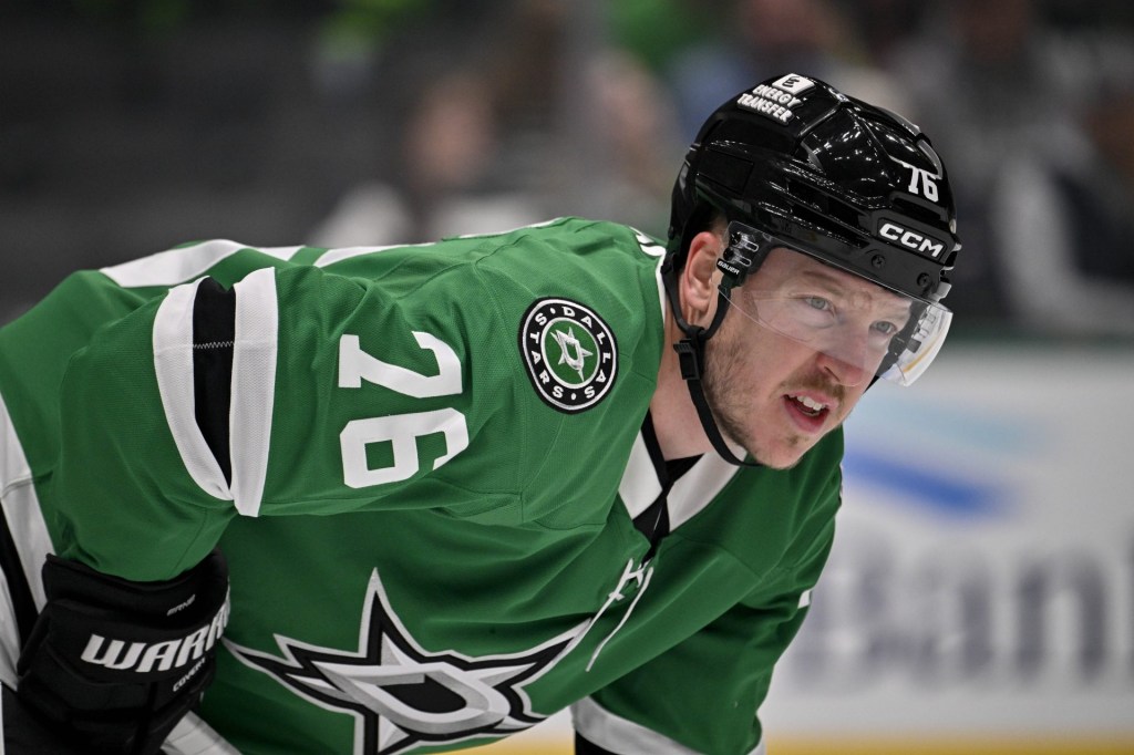 Sep 23, 2025; Dallas, Texas, USA; Dallas Stars forward Adam Erne (76) looks on during the game between the Dallas Stars and the Minnesota Wild at American Airlines Center
