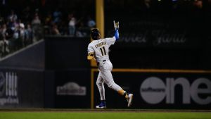 Sep 27, 2025; Milwaukee, Wisconsin, USA; Milwaukee Brewers center fielder Jackson Chourio (11) rounds the bases after hitting a home run during the sixth inning against the Cincinnati Reds at American Family Field.