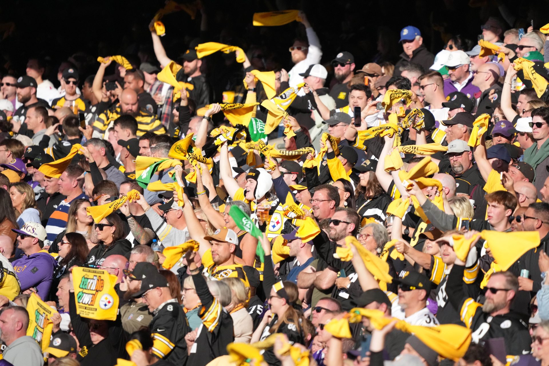 Sep 28, 2025; Dublin, Ireland; Pittsburgh Steelers fans cheer during the fourth quarter against the Minnesota Vikings during an NFL International Series game at Croke Park.