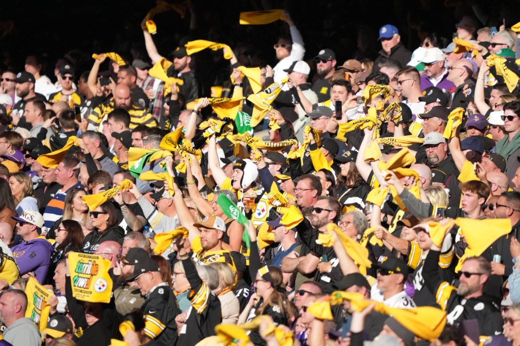 Sep 28, 2025; Dublin, Ireland; Pittsburgh Steelers fans cheer during the fourth quarter against the Minnesota Vikings during an NFL International Series game at Croke Park.
