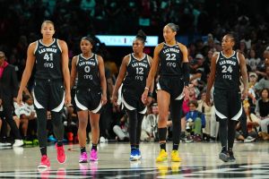 Sep 30, 2025; Las Vegas, Nevada, USA; Las Vegas Aces center Kiah Stokes (41), Las Vegas Aces guard Jackie Young (0), Las Vegas Aces guard Chelsea Gray (12), Las Vegas Aces center A'ja Wilson (22), and Las Vegas Aces guard Jewell Loyd (24) take the court after an Indiana Fever time out in the fourth quarter of game five of the second round for the 2025 WNBA Playoffs at Michelob Ultra Arena.