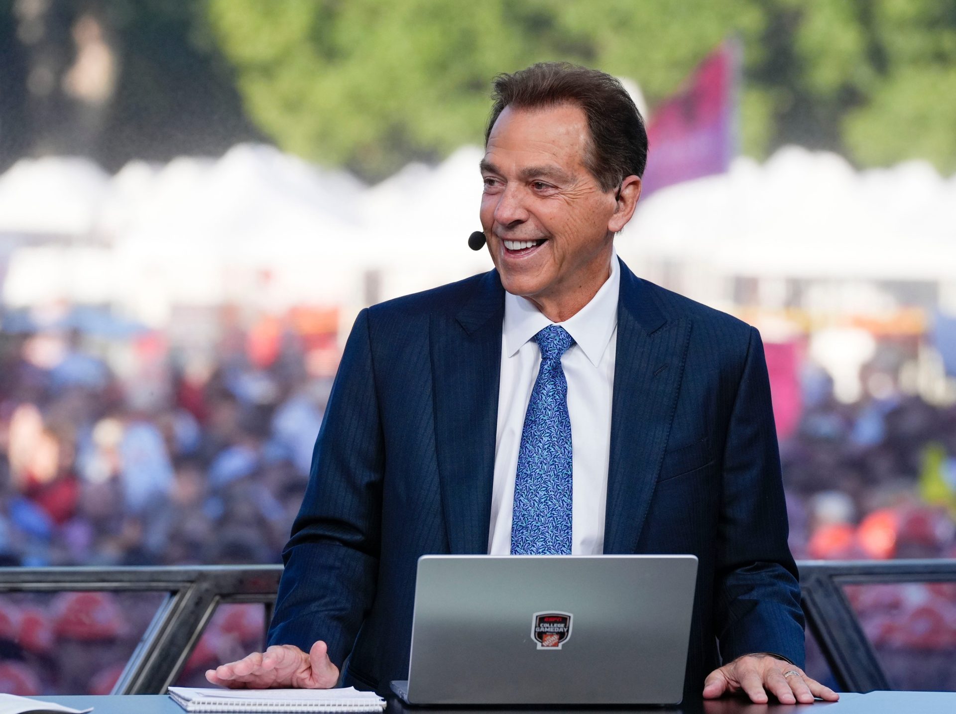 Oct. 4, 2025; Tuscaloosa, Alabama, USA; Former Alabama coach Nick Saban smiles as he is on set during ESPN’s College GameDay on location on the Quad at the University of Alabama before the Alabama versus Vanderbilt game.