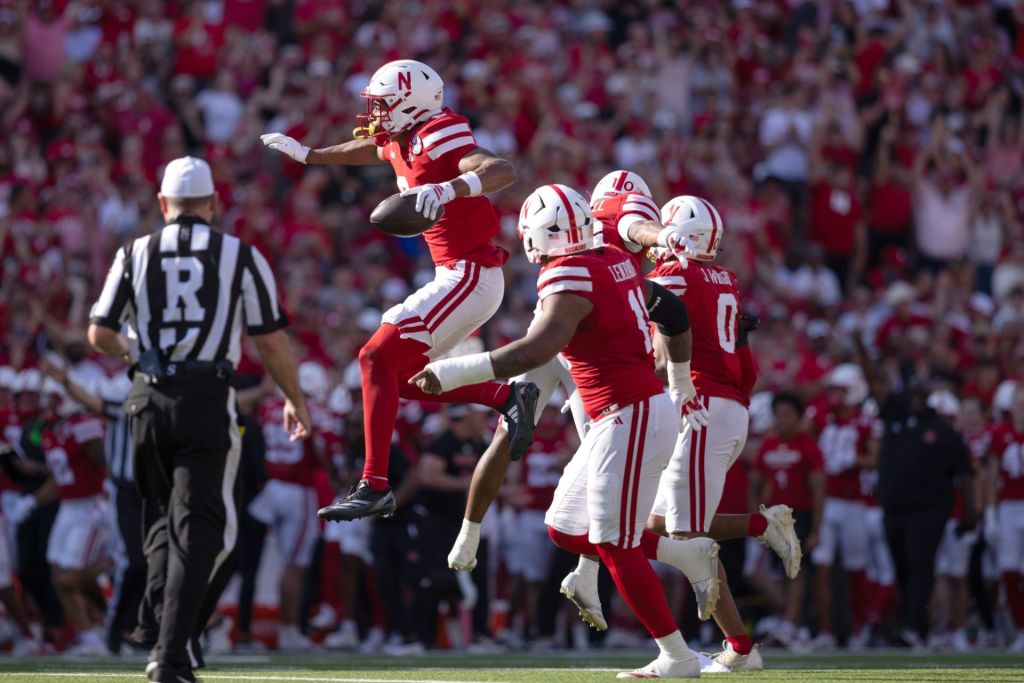 Oct 4, 2025; Lincoln, Nebraska, USA; Nebraska Cornhuskers defensive back DeShon Singleton (8) celebrates after making an interception during the game against Michigan State at Memorial Stadium.