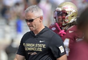 Oct 11, 2025; Tallahassee, Florida, USA; Florida State Seminoles head coach Mike Norvell after losing the game to the Pittsburgh Panthers at Doak S. Campbell Stadium.