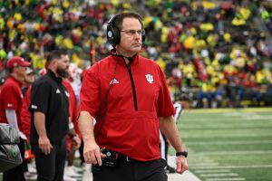 Oct 11, 2025; Eugene, Oregon, USA; Indiana Hoosiers head coach Curt Cignetti watches game play against the Oregon Ducks during the fourth quarter at Autzen Stadium.