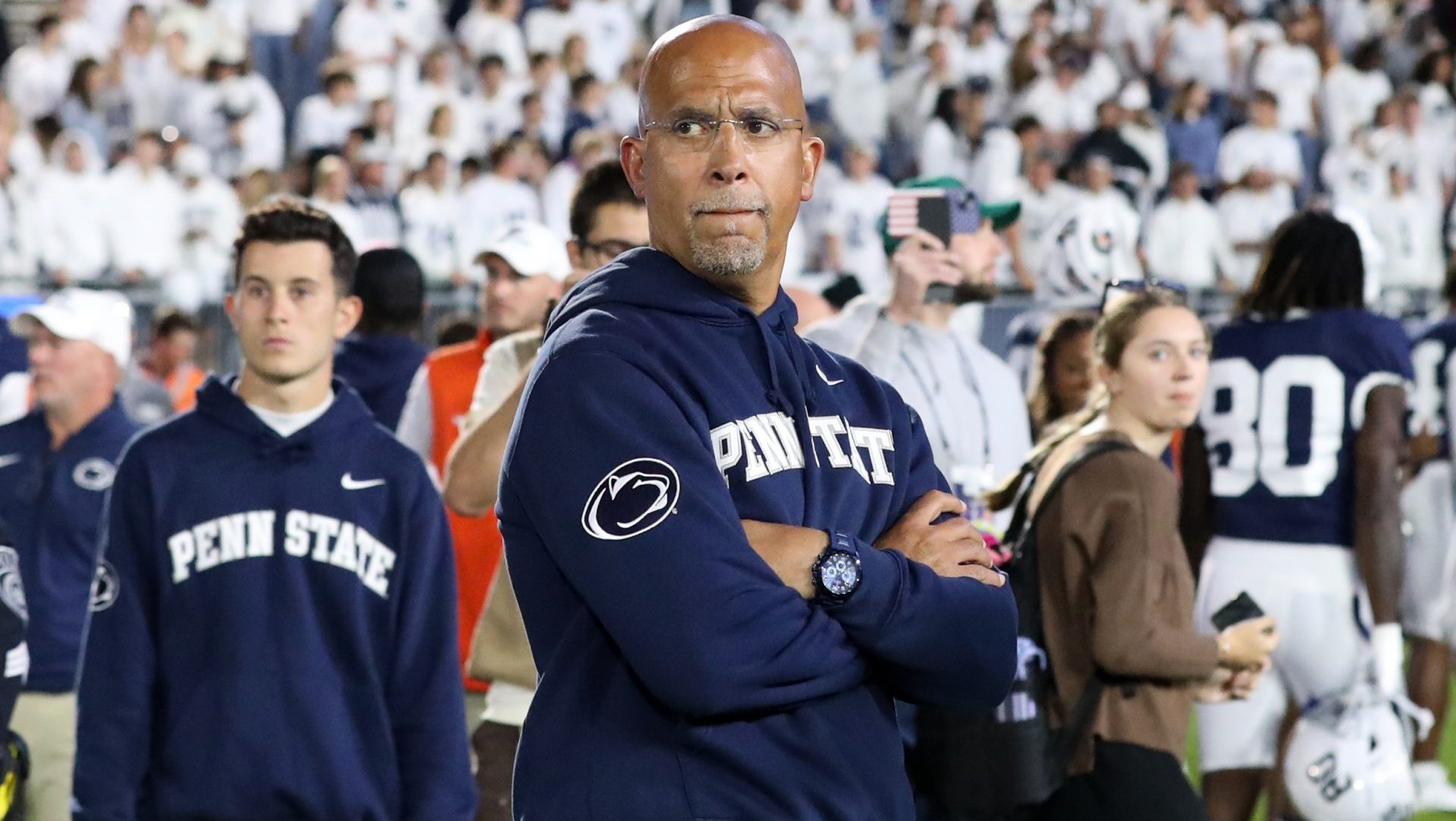Oct 11, 2025; University Park, Pennsylvania, USA; Penn State Nittany Lions head coach James Franklin stands on the field following the game against the Northwestern Wildcats at Beaver Stadium