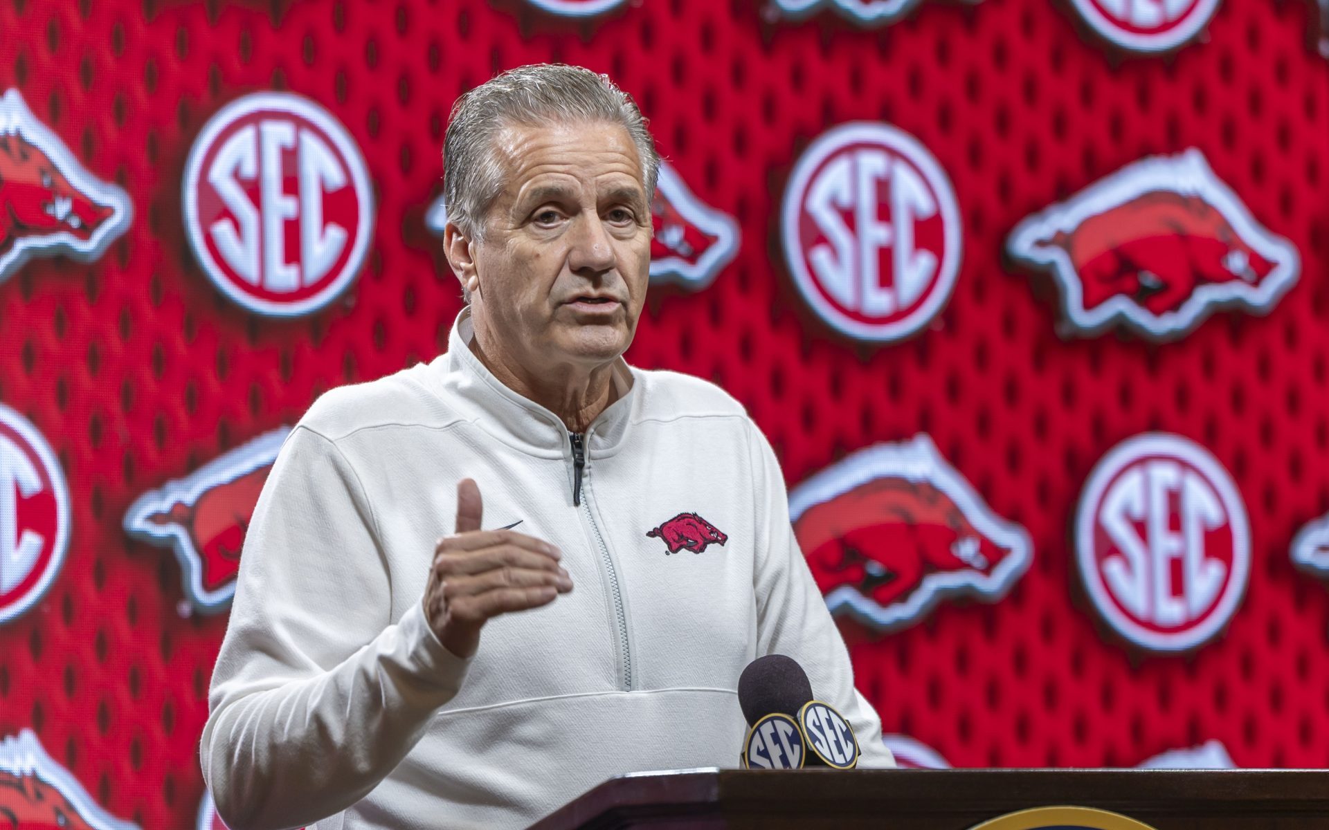 Oct 14, 2025; Birmingham, AL, USA; Arkansas Razorbacks head coach John Calipari talks with the media during SEC Media Days at Grand Bohemian Hotel.