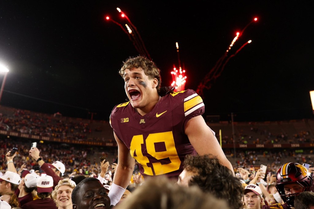 Oct 17, 2025; Minneapolis, Minnesota, USA; Minnesota Golden Gophers linebacker Matt Kingsbury (49) celebrates his teams win against the Nebraska Cornhuskers after the game at Huntington Bank Stadium