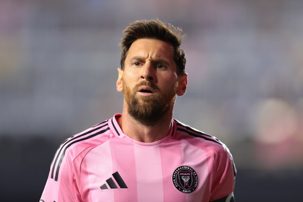 Oct 24, 2025; Fort Lauderdale, Florida, USA; Inter Miami CF forward Lionel Messi (10) looks on against Nashville SC during the first half at Chase Stadium.